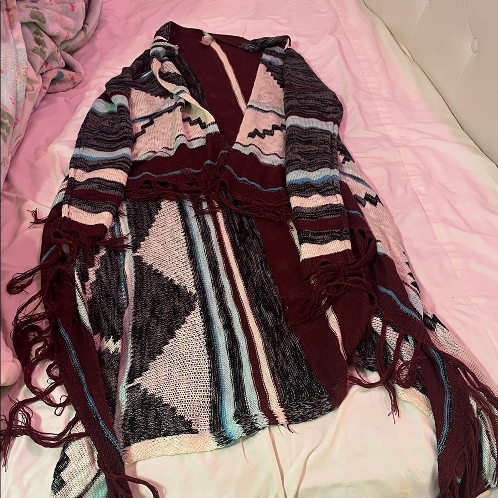 No Boundaries Burgundy and Black Patterned Poncho